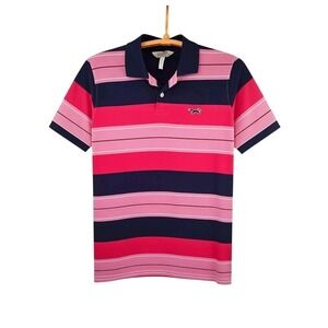 Vintage Retro Fox Men's Large Striped Polo Shirt Navy Pink Cotton Short Sleeve